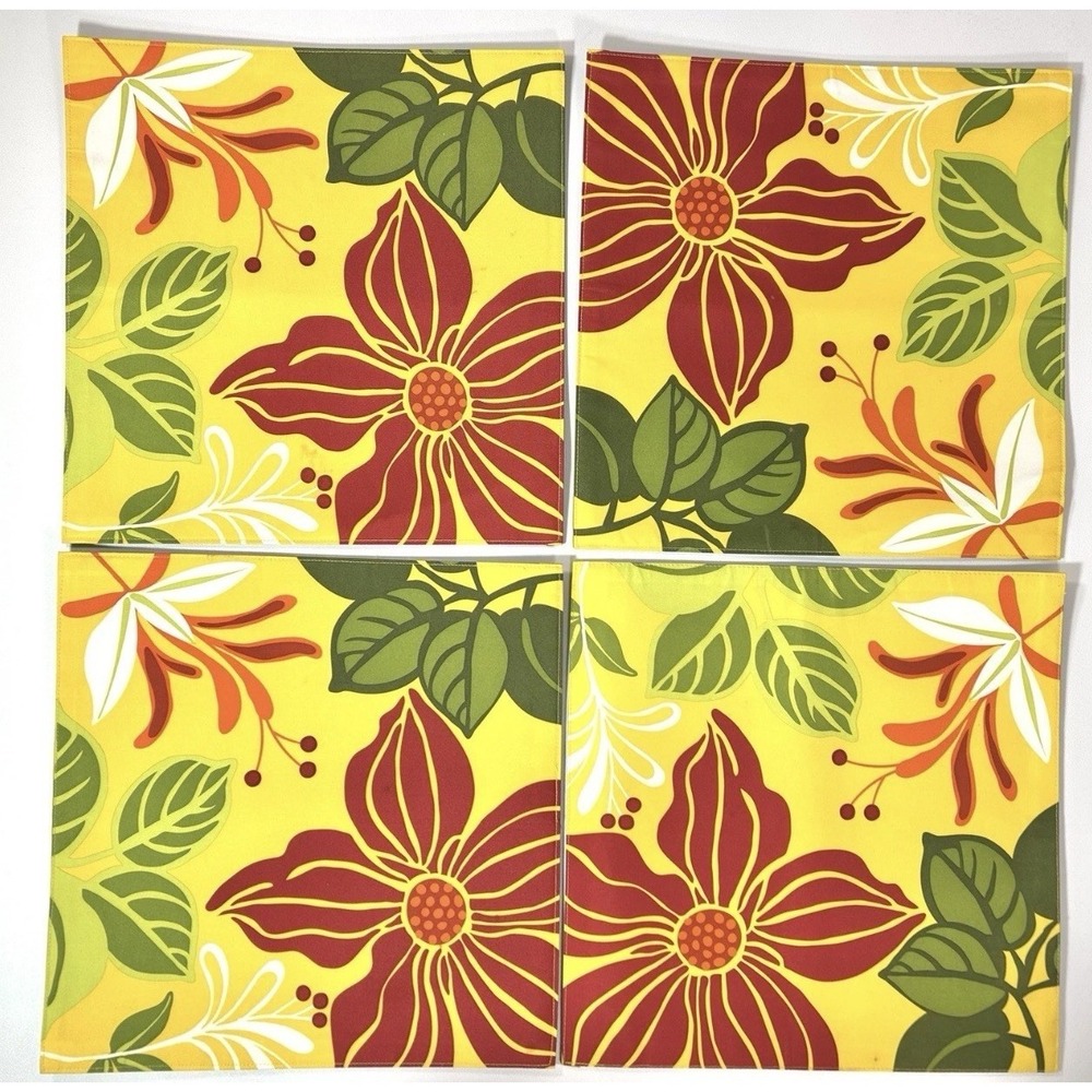 4 Placemats 14" x 14" Square Mustard Yellow Floral and Green Indoor / Outdoor‎